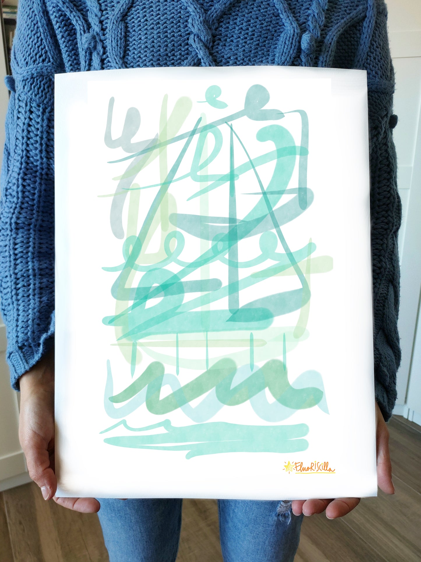 "Green Ship" Stampa formato A3 (29,7 X 42 CM) su Carta Pregiata Martellata, Collezione Abstract